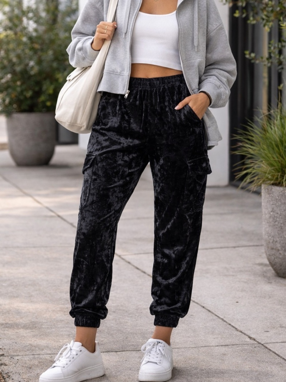Women's Black Velvet Cargo Jogger Pants